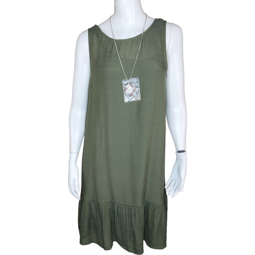 AGB Dress Womens Small‎ Olive Green Shift Dress Lined Sleeveless Ruffle Necklace